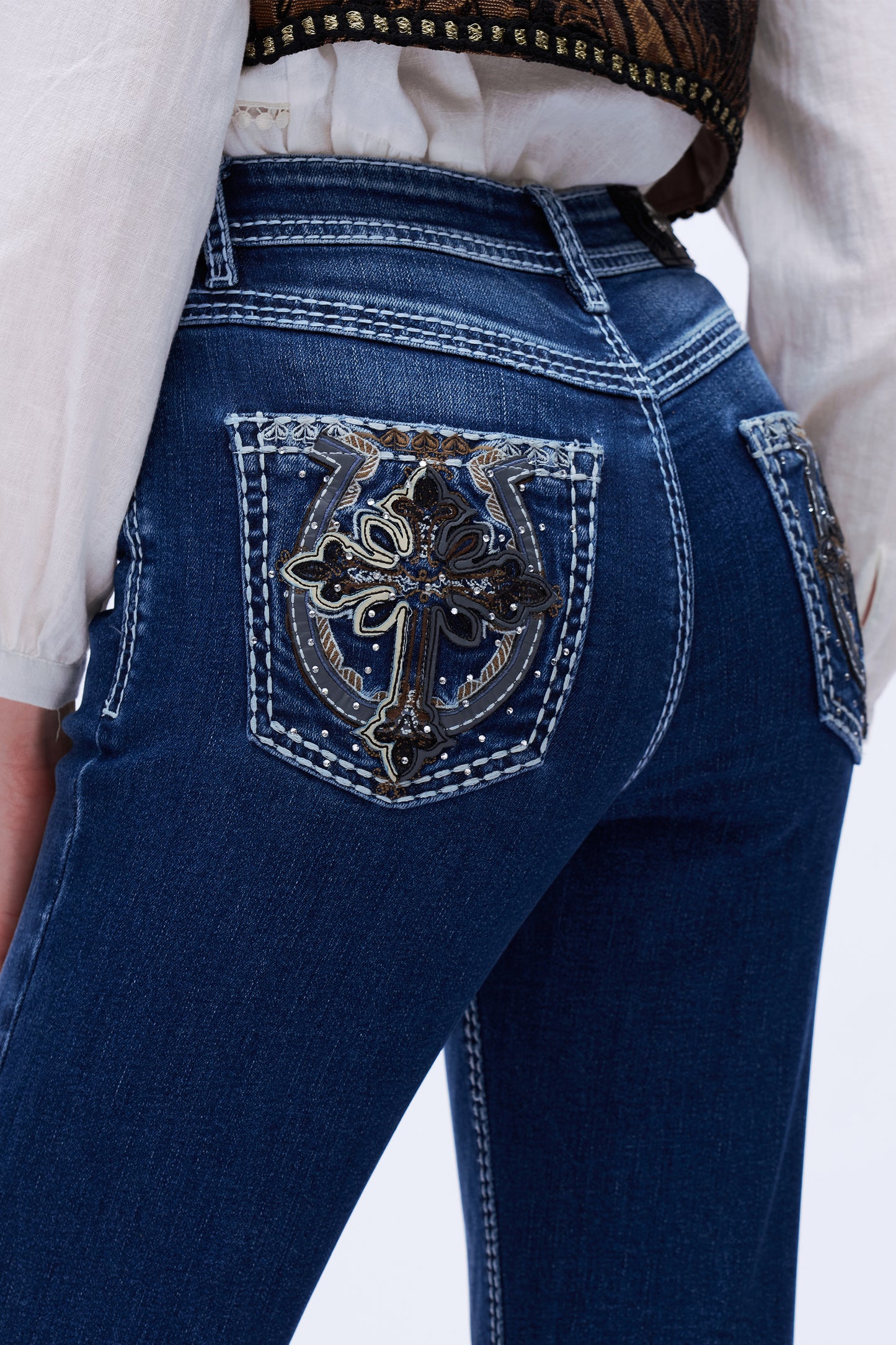 Cross Motif Embroidered Mid Rise Flare Leg Jeans DEF1003 Dark Blue
