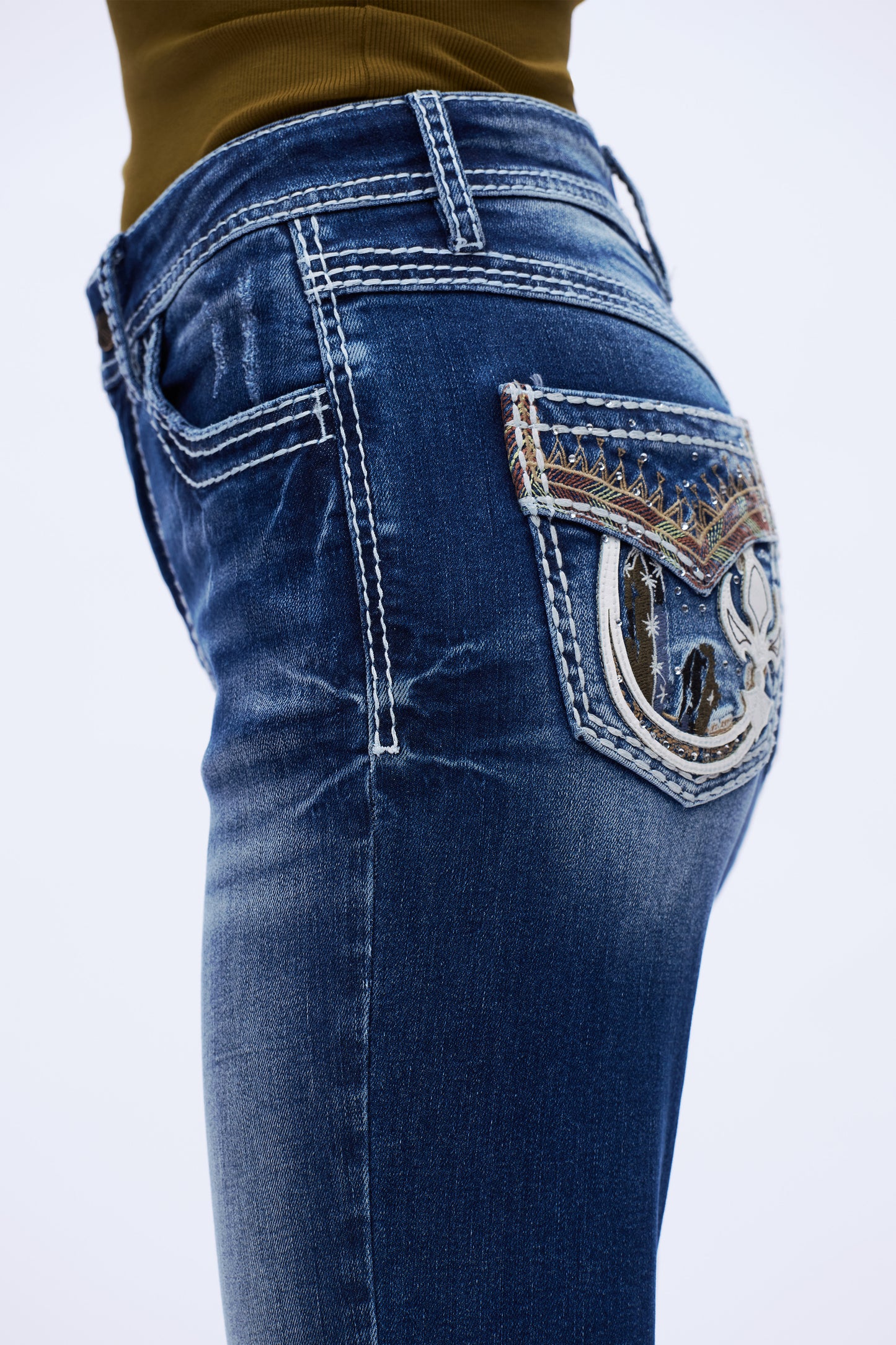 Fleur-De-Lis Embroidered Mid Rise Flare Jeans DEF1007 Dark Blue