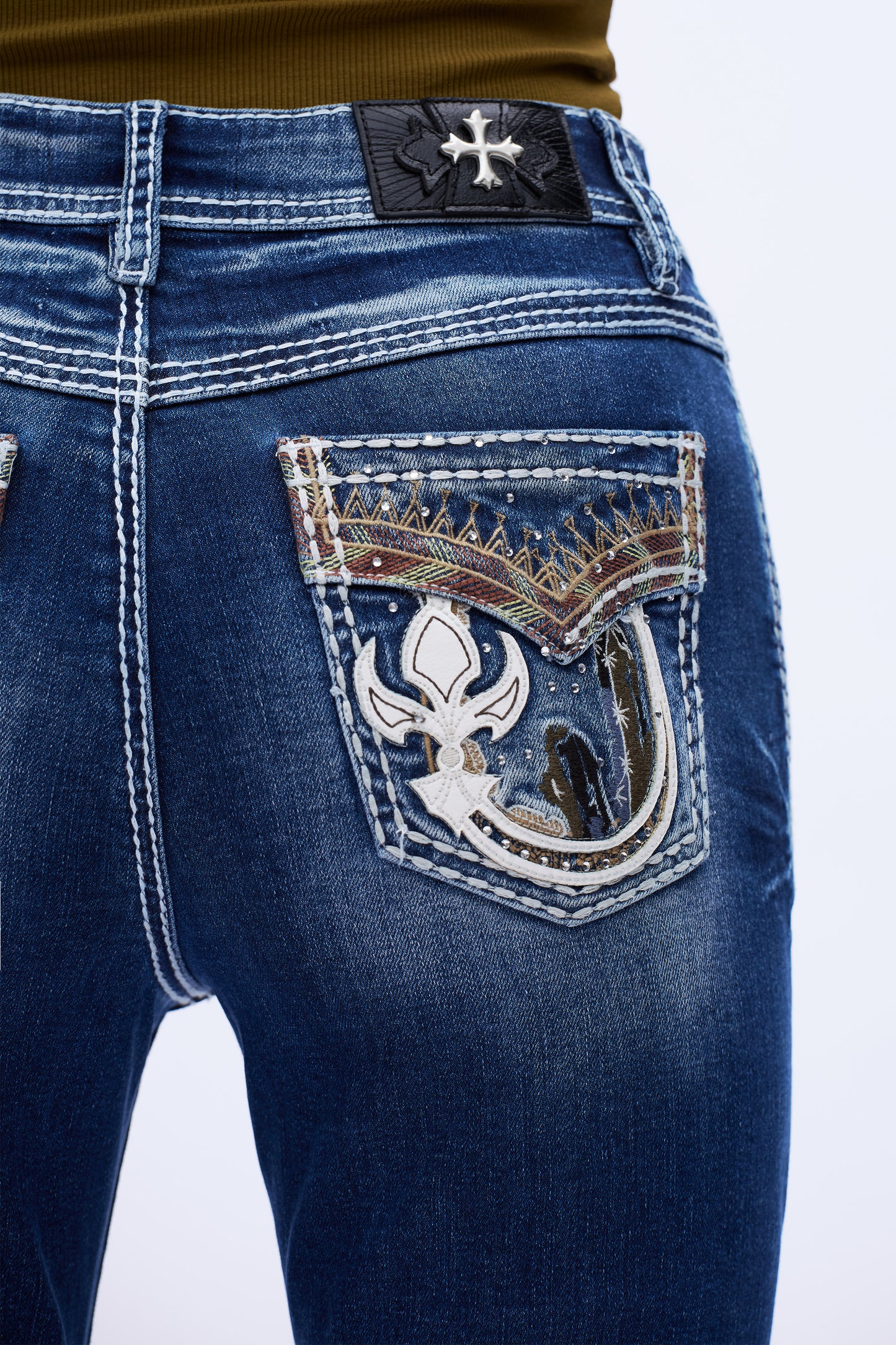 Fleur-De-Lis Embroidered Mid Rise Flare Jeans DEF1007 Dark Blue