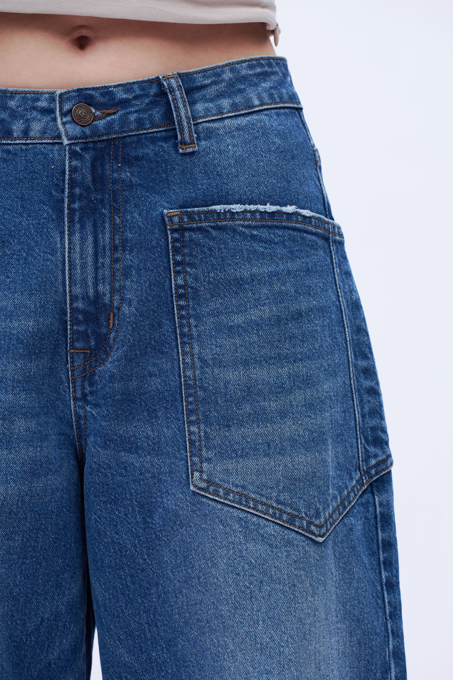 Super High Rise Balloon Denim Jeans With Front Pocket Patch DEOX001 Medium Blue