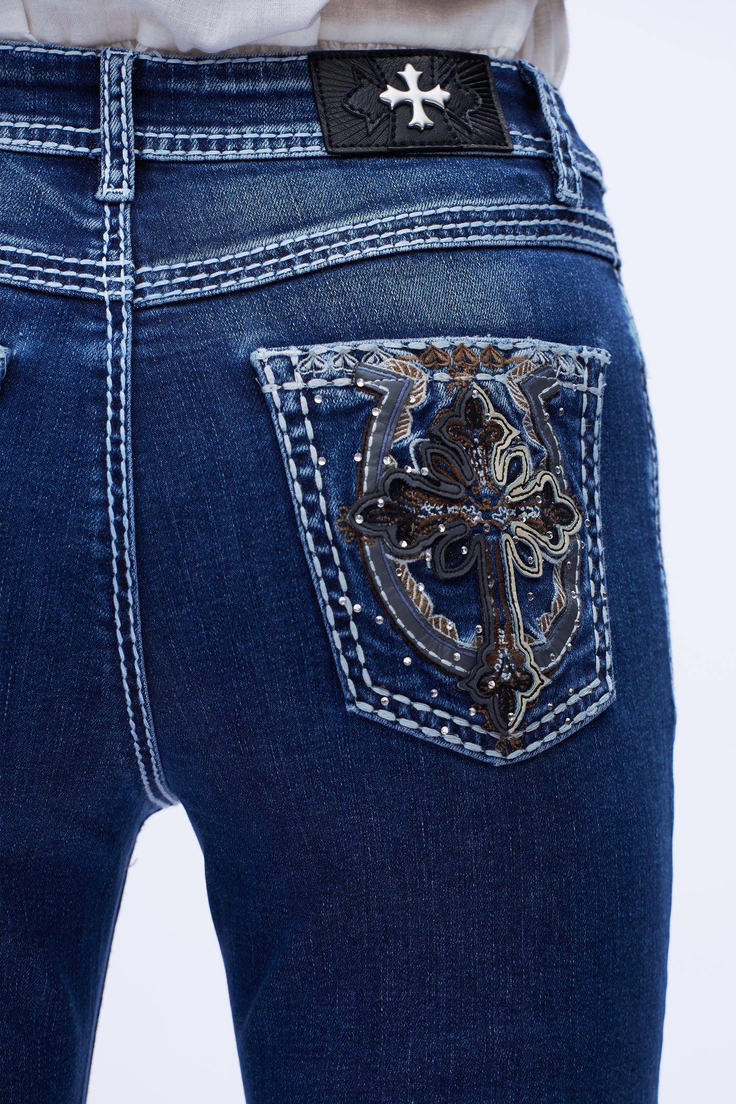 Cross Motif Embroidered Mid Rise Flare Leg Jeans DEF1003 Dark Blue
