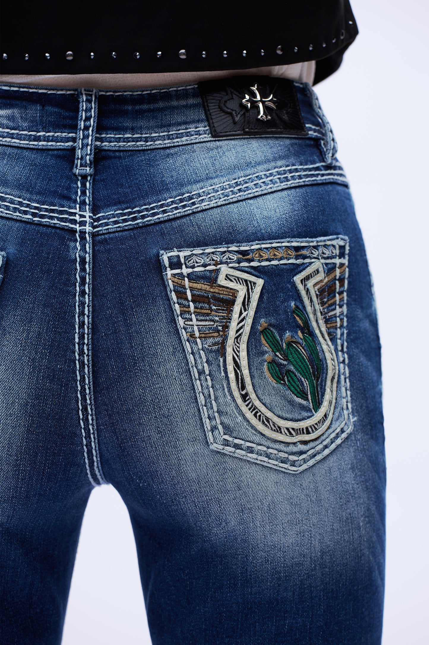 Cactus Embroidered Mid Rise Bootcut Jeans DEF1002 Dark Blue