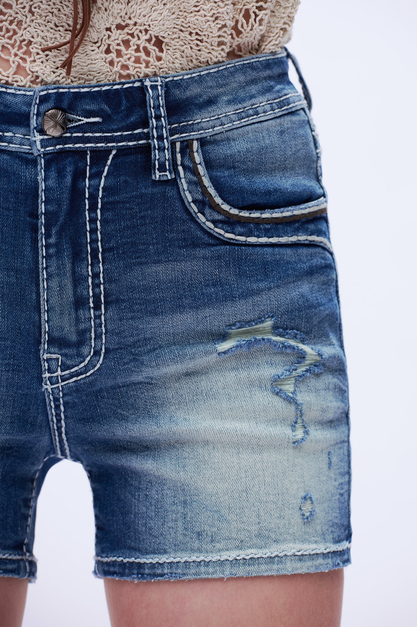 Cross Motif Embroidered Frayed Hem Mid Rise Denim Short DEH6001 Dark Blue