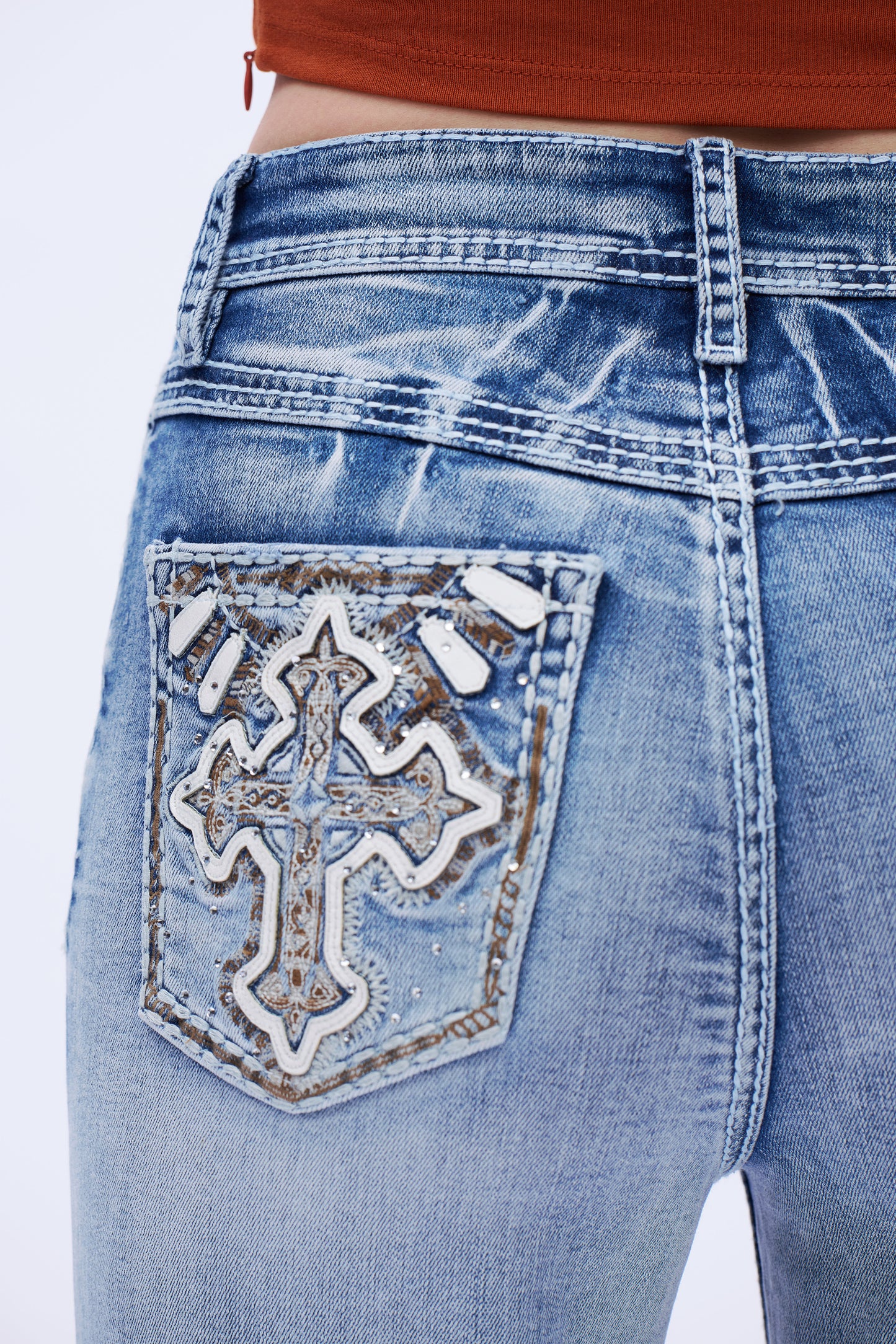 Cross Motif Embroidery High Rise Straight Jeans DET5010 Light Blue
