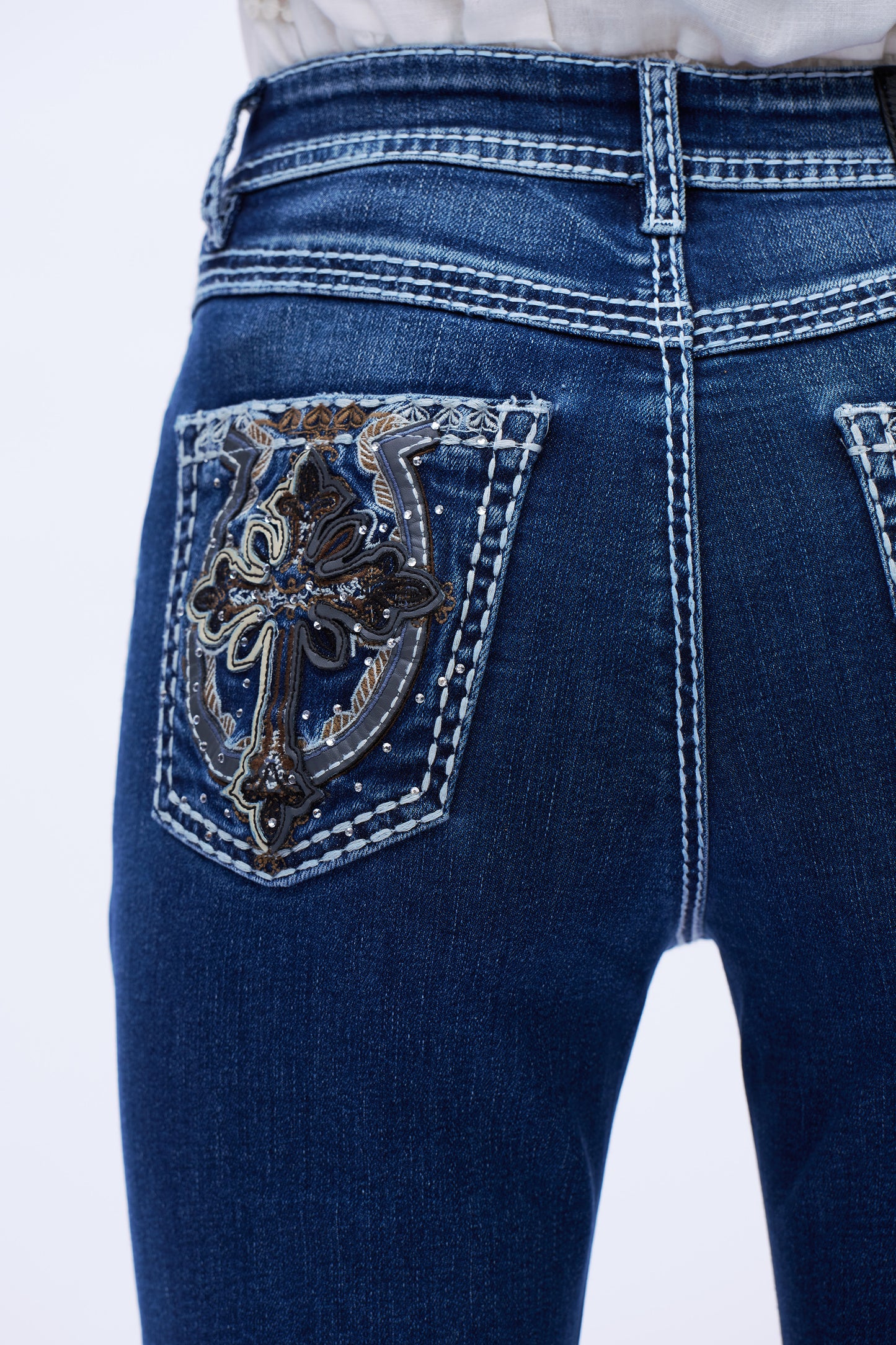 Cross Motif Embroidered Mid Rise Flare Leg Jeans DEF1003 Dark Blue