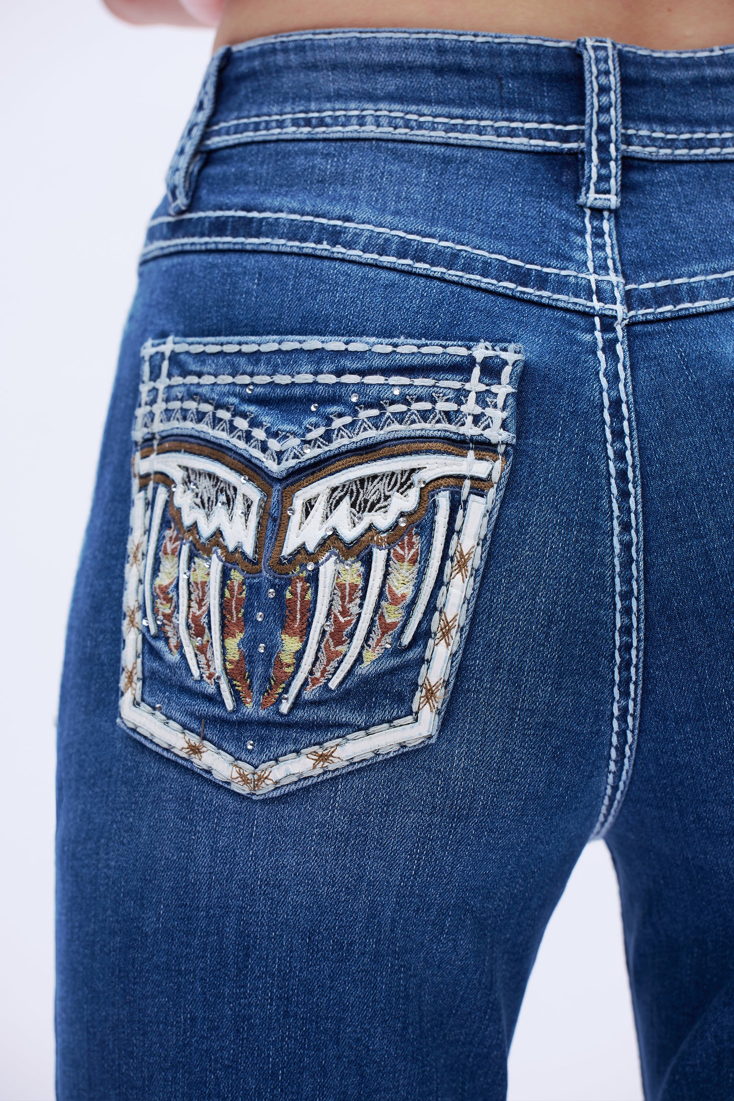 Lost Wing Embroidered Mid Rise Bootcut Jeans DEF1006 Dark Blue
