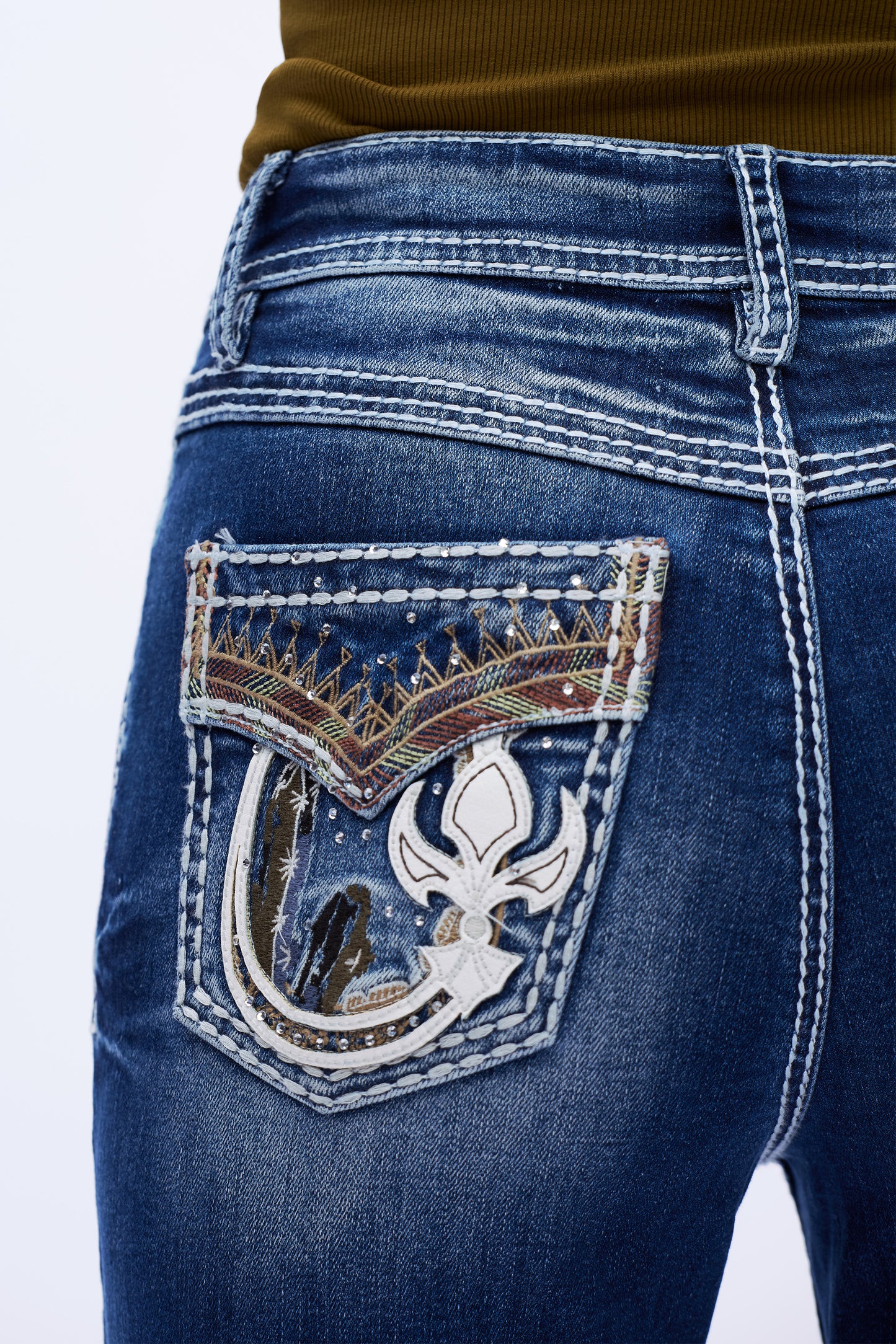 Fleur-De-Lis Embroidered Mid Rise Flare Jeans DEF1007 Dark Blue