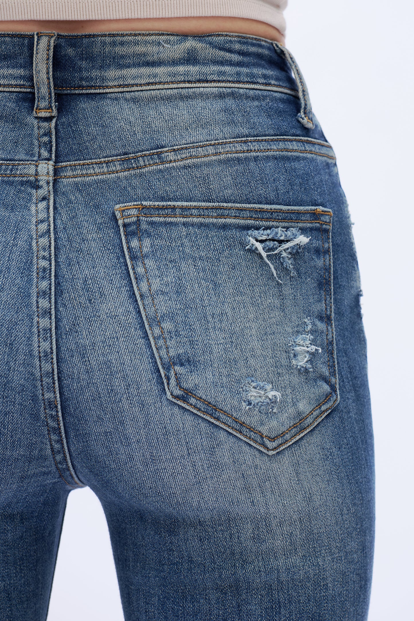 Mid Rise Monkey Wash Flare Leg Denim Jeans DEFM1001 Medium Blue