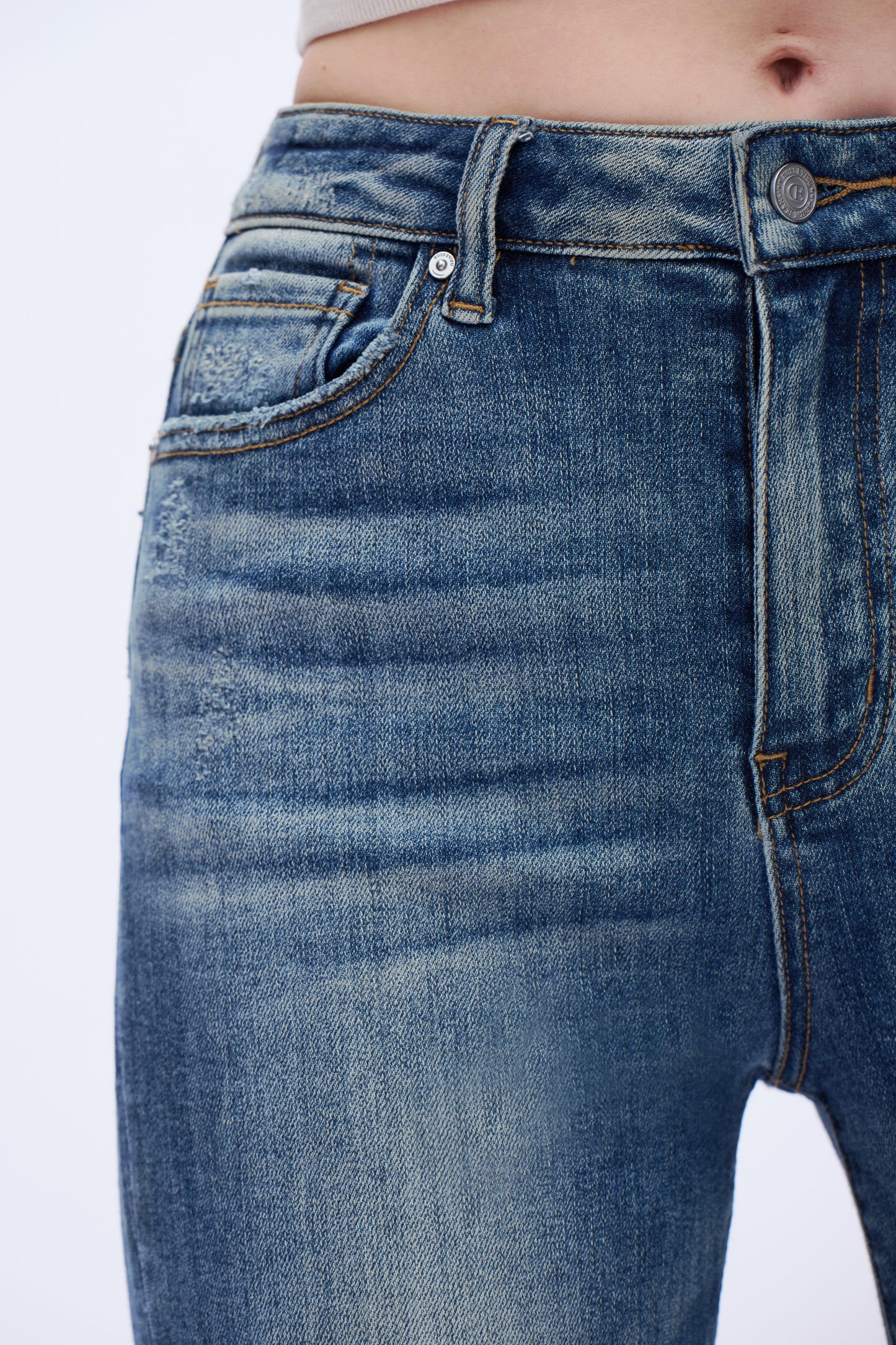 Mid Rise Monkey Wash Flare Leg Denim Jeans DEFM1001 Medium Blue