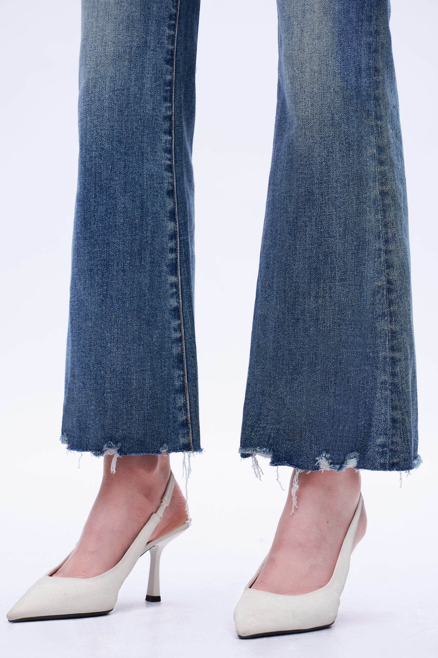 Mid Rise Monkey Wash Flare Leg Denim Jeans DEFM1001 Medium Blue